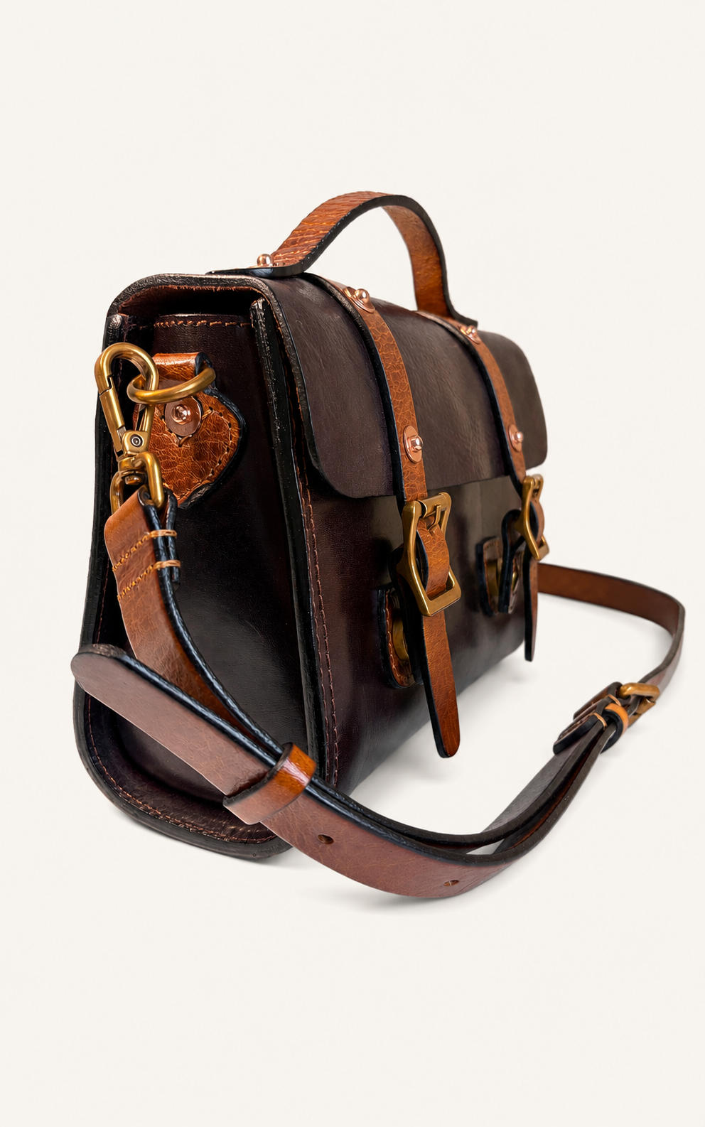 The Cypress structured two-tone leather satchel with double buckles