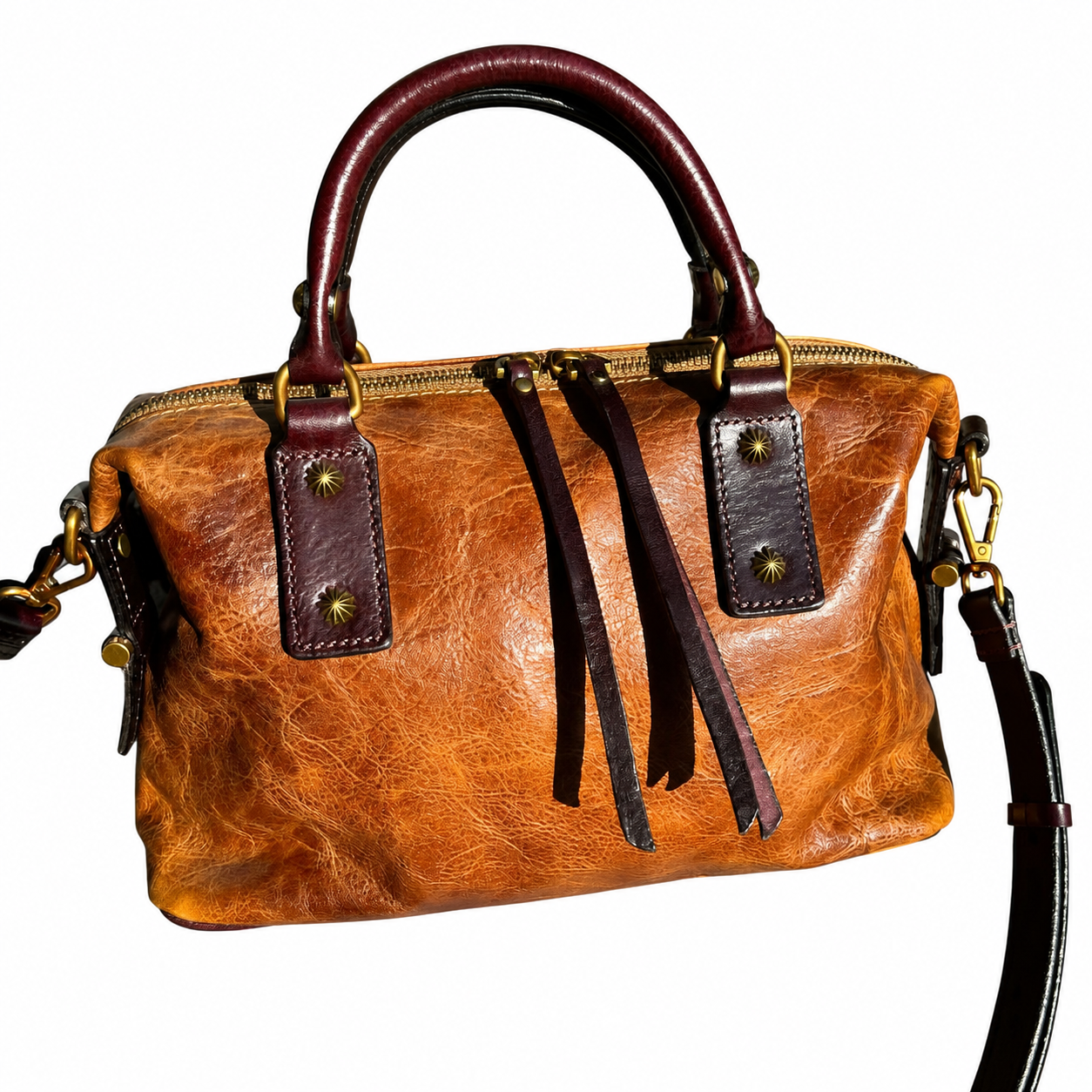 Vintage Full-Grain Leather Boston Satchel Bag | Handcrafted Leather Doctor Bag with Top Handles & Shoulder Strap