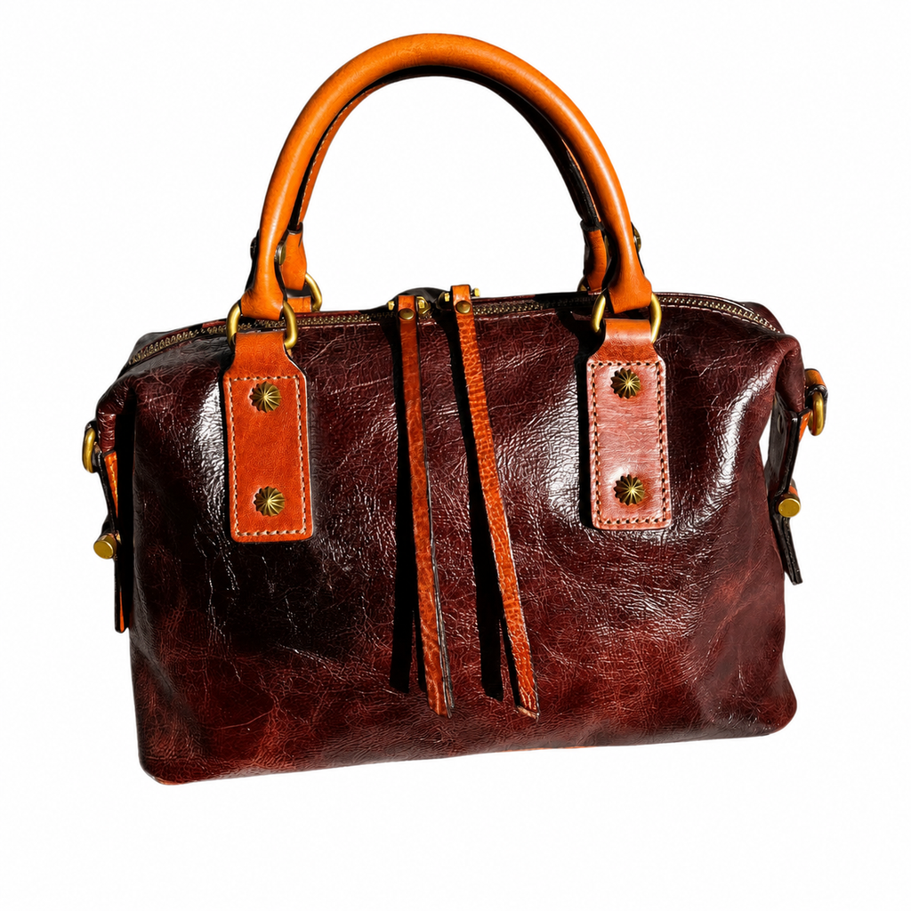 Vintage Full-Grain Leather Boston Satchel Bag | Handcrafted Leather Doctor Bag with Top Handles & Shoulder Strap