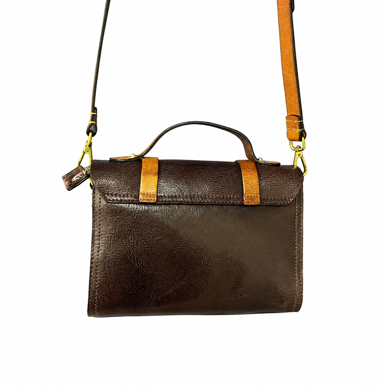 Vintage Brown Leather Satchel Crossbody Bag with Brass Buckle Details
