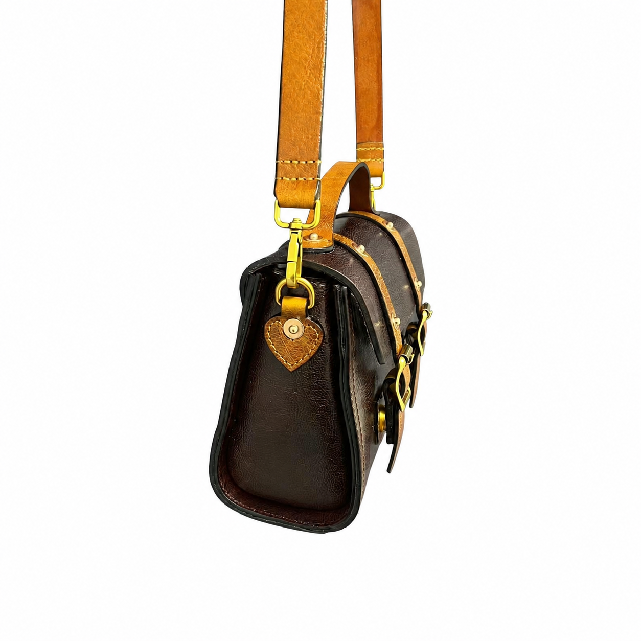 Vintage Brown Leather Satchel Crossbody Bag with Brass Buckle Details