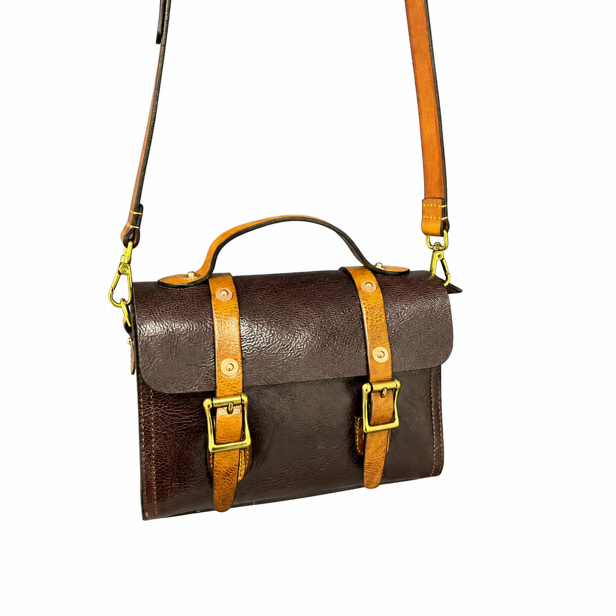 Vintage Brown Leather Satchel Crossbody Bag with Brass Buckle Details