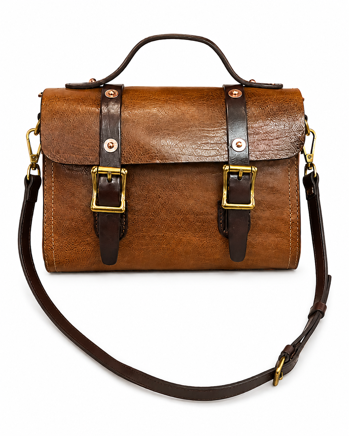 Vintage Brown Leather Satchel Crossbody Bag with Brass Buckle Details