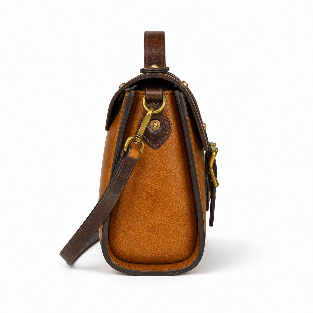 Vintage Brown Leather Satchel Crossbody Bag with Brass Buckle Details