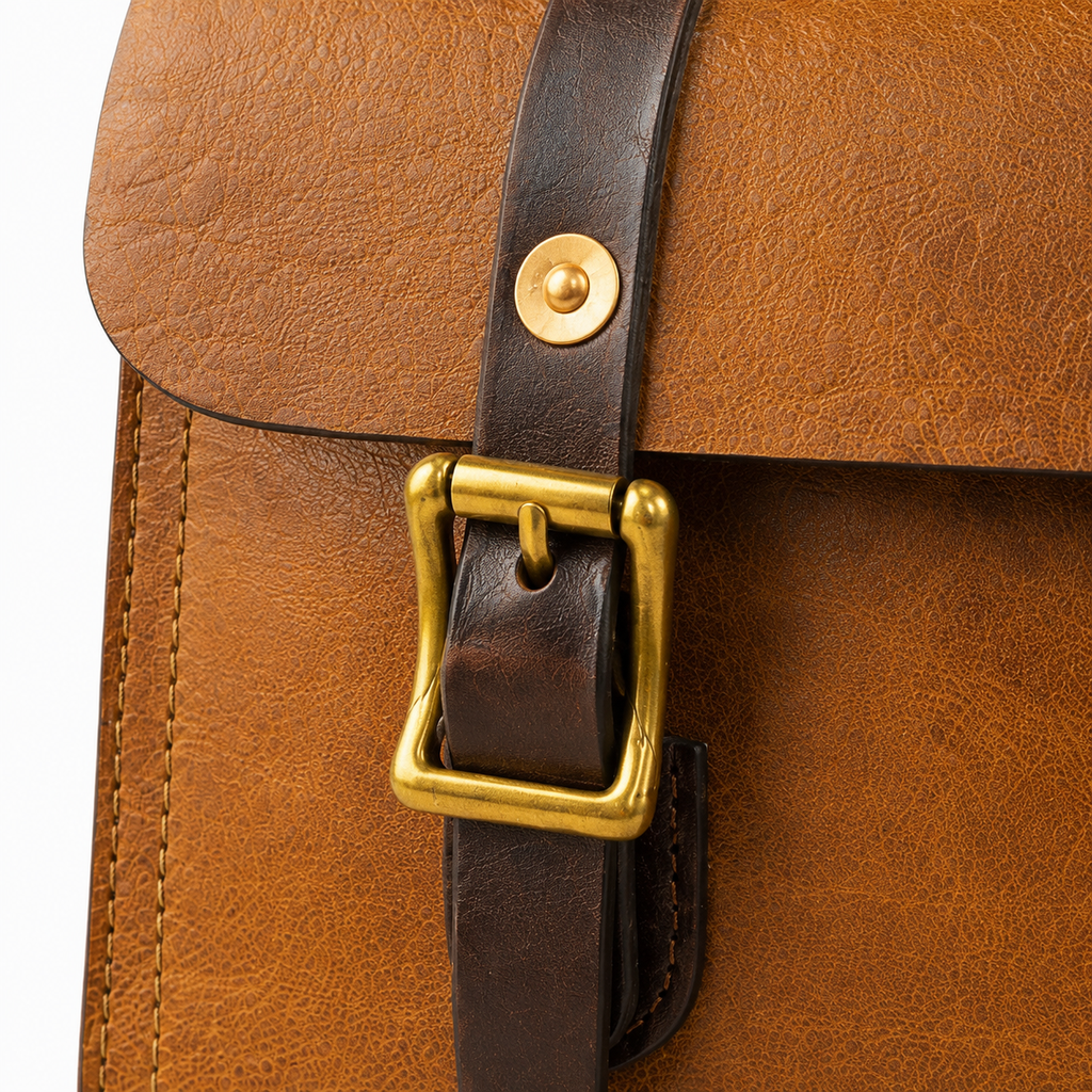 Vintage Brown Leather Satchel Crossbody Bag with Brass Buckle Details