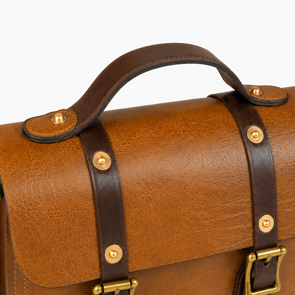 Vintage Brown Leather Satchel Crossbody Bag with Brass Buckle Details