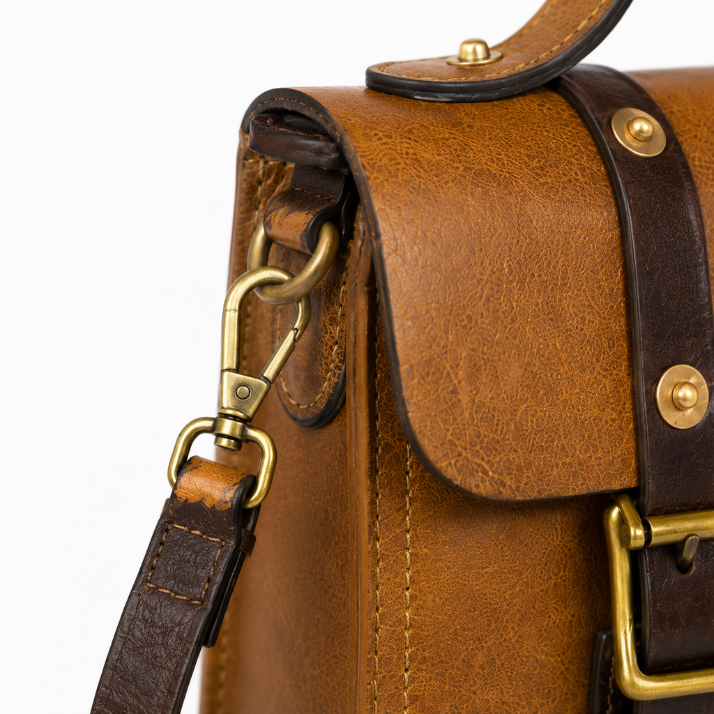 Vintage Brown Leather Satchel Crossbody Bag with Brass Buckle Details