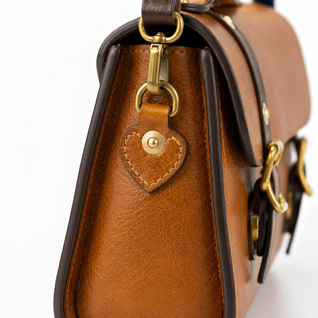 Vintage Brown Leather Satchel Crossbody Bag with Brass Buckle Details