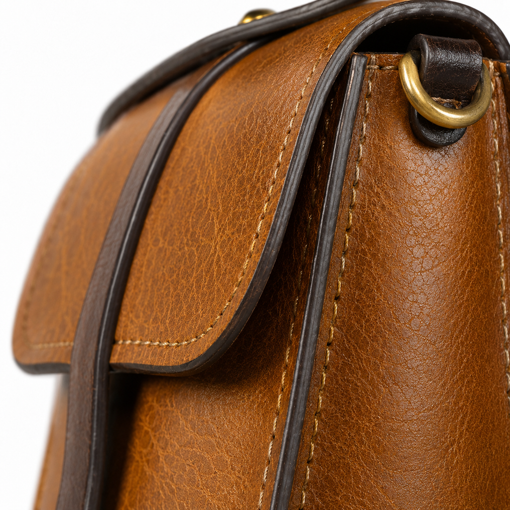 Vintage Brown Leather Satchel Crossbody Bag with Brass Buckle Details