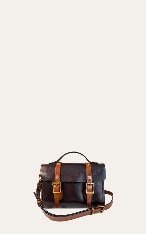 The Cypress full-grain leather buckle satchel in Espresso and Cognac