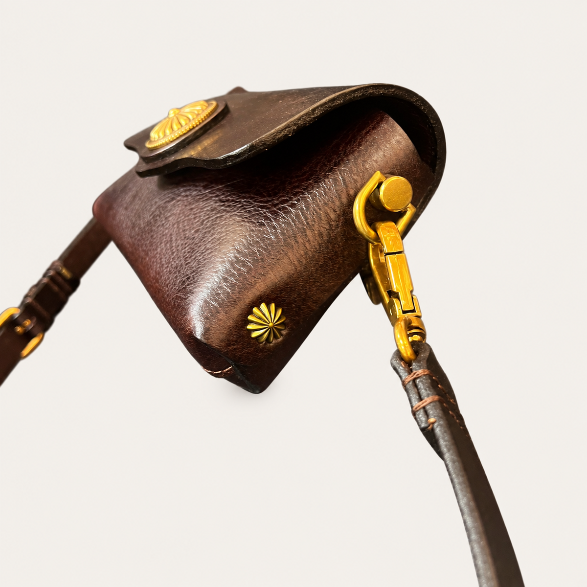 A close-up of a dark brown leather shoulder bag with gold-tone hardware, featuring a textured leather flap with a decorative gold emblem and a matching gold clasp connected to a dark brown strap, set against a solid off-white background.