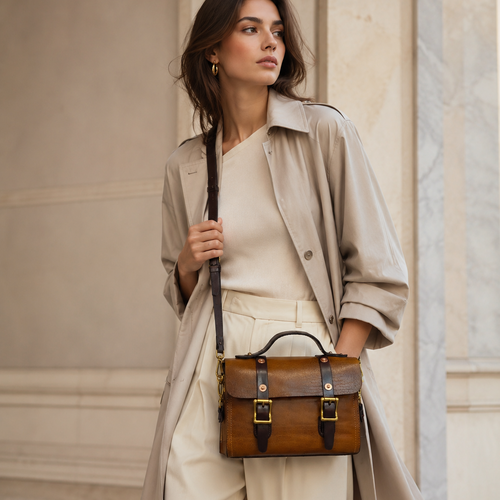 Woman holding a brown leather bag in front of a classical building