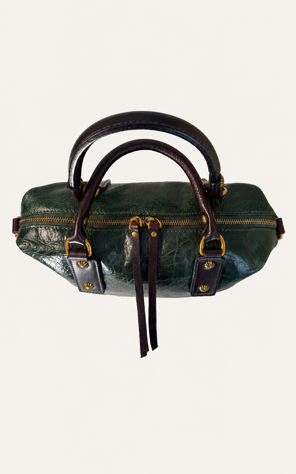 A dark green textured leather handbag with dark brown handles and gold-tone hardware, shown against a plain off-white background.