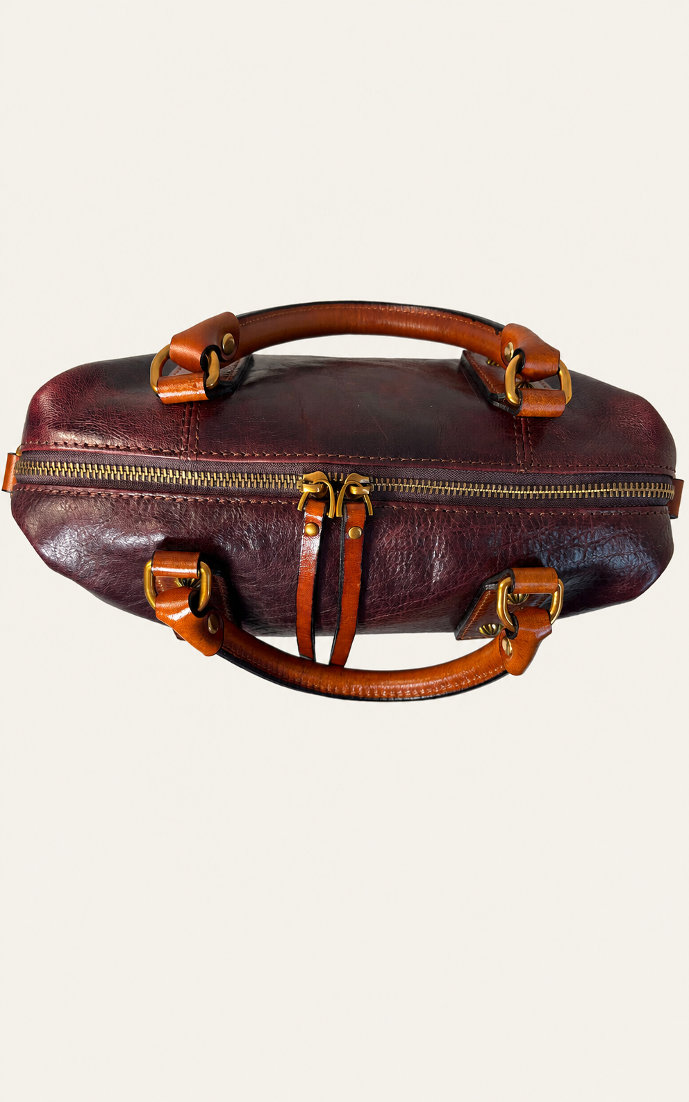 A dark reddish-brown leather travel case with tan leather handles and gold-tone hardware, shown against a plain off-white background.