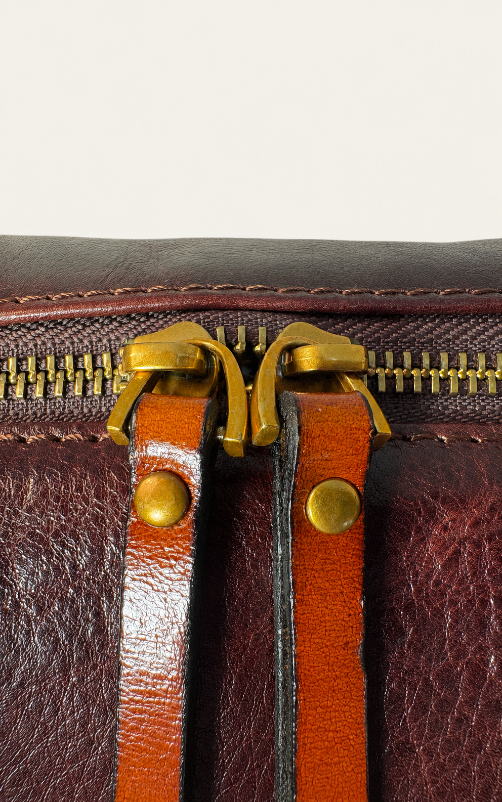 Close-up detail of a dark brown leather bag with tan leather straps and brass-tone zipper hardware.