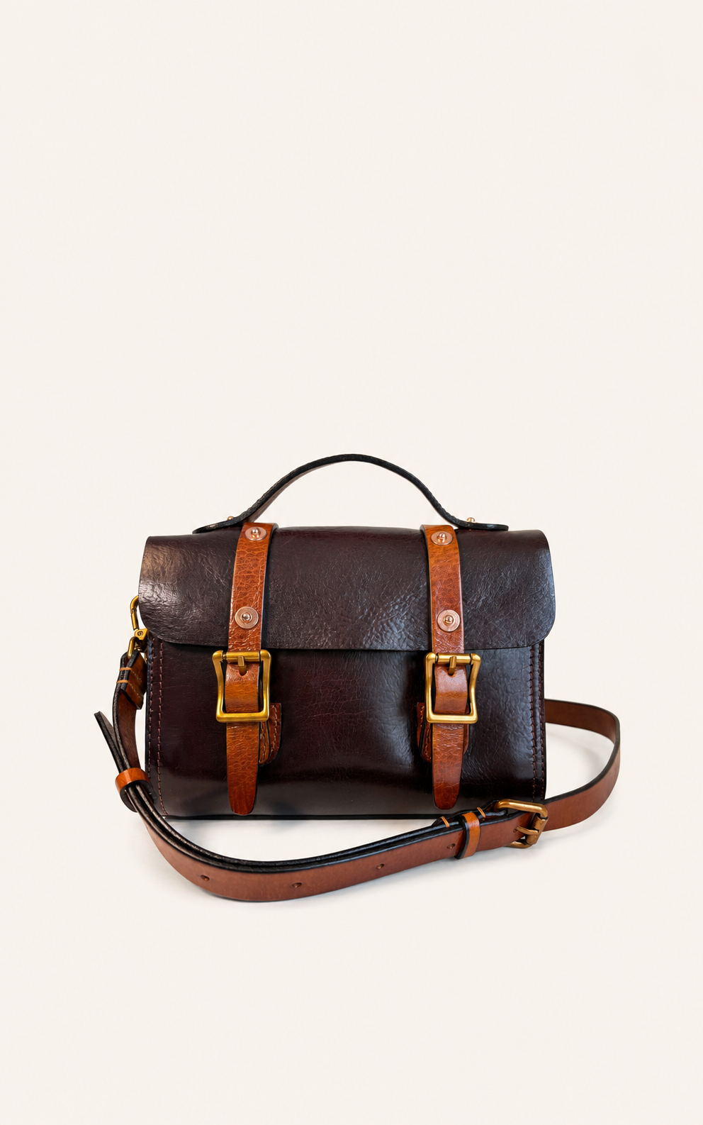Vintage Leather Satchel Crossbody Bag with Brass Buckle Details