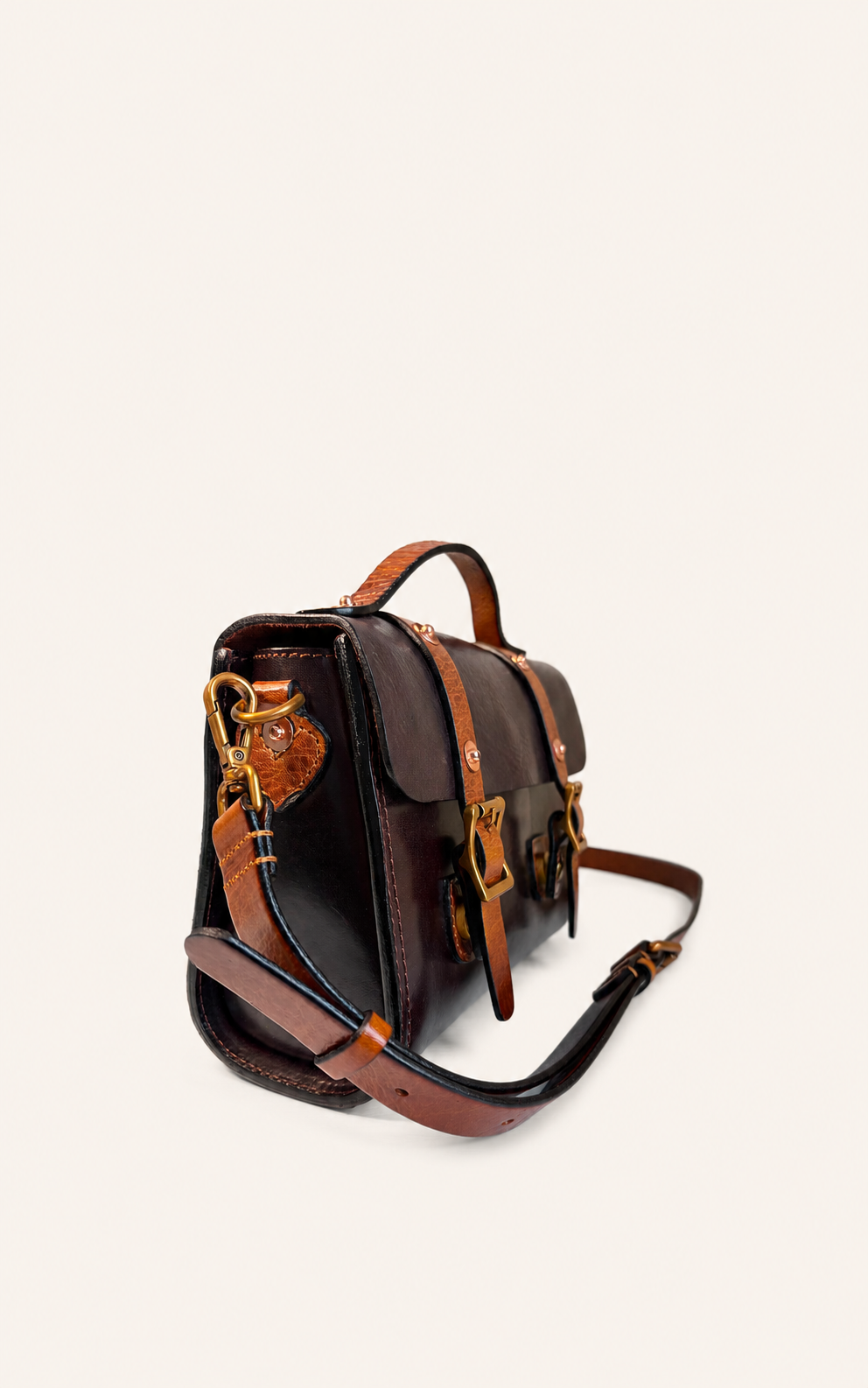 Vintage Leather Satchel Crossbody Bag with Brass Buckle Details