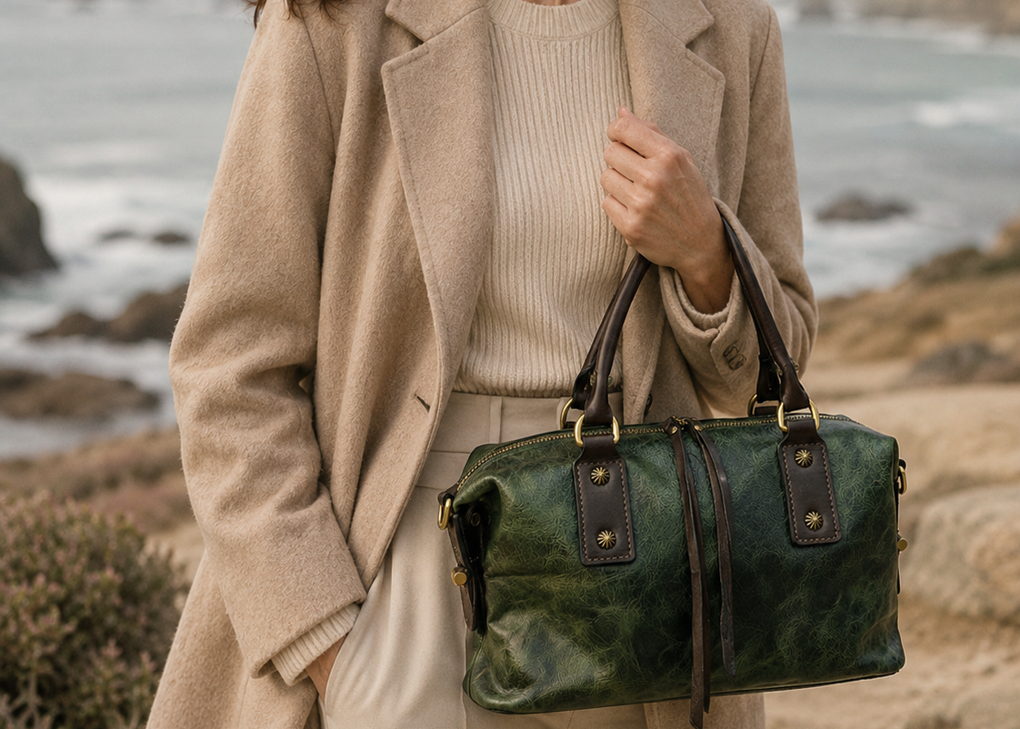 Woman holding a green handbag by the coast