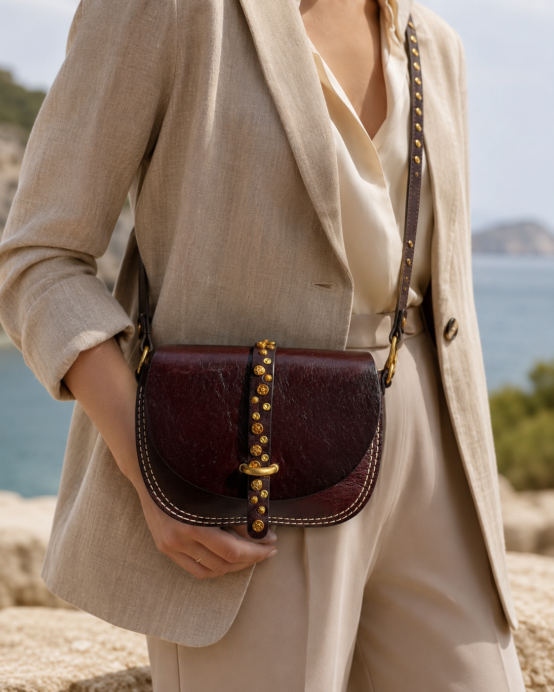 Vintage Studded Leather Saddle Crossbody Bag
