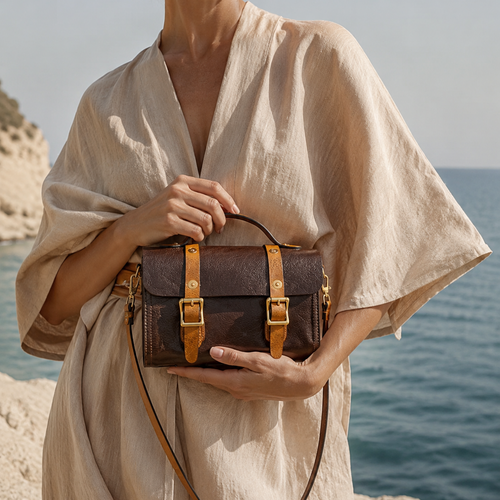 Person holding a brown leather bag by the ocean