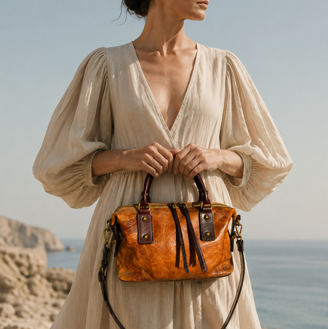Woman in a beige dress holding a brown leather handbag by the ocean.