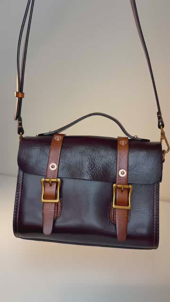 Vintage Leather Satchel Crossbody Bag with Brass Buckle Details