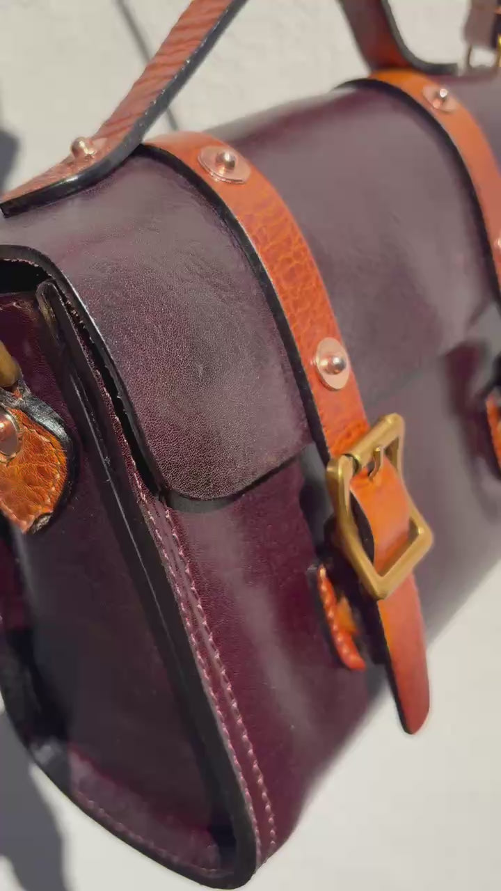 Vintage Leather Satchel Crossbody Bag with Brass Buckle Details